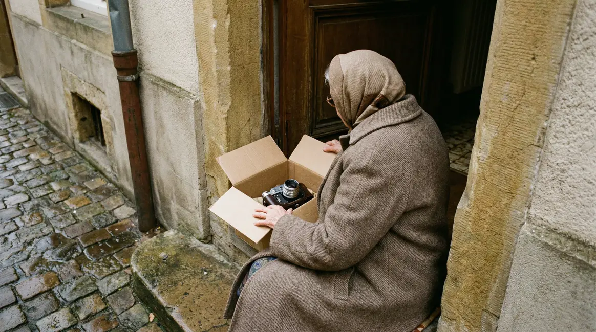 Femme agee debout ouvrant un colis camera a Metz