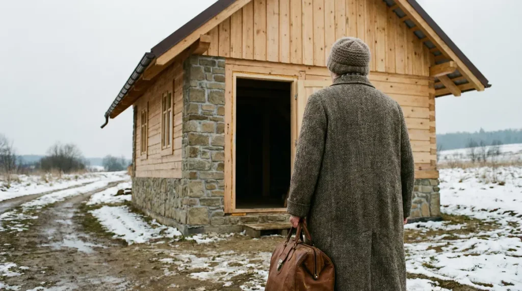 femme agee valise porte maison neuve hiver
