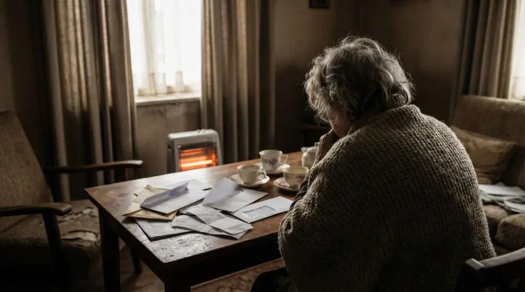 femme agee seule factures salon sombre hiver