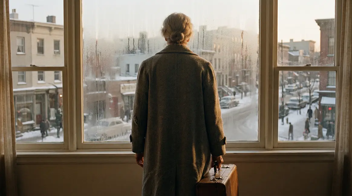 Femme âgée valise main devant fenêtre quartier urbain hivernal