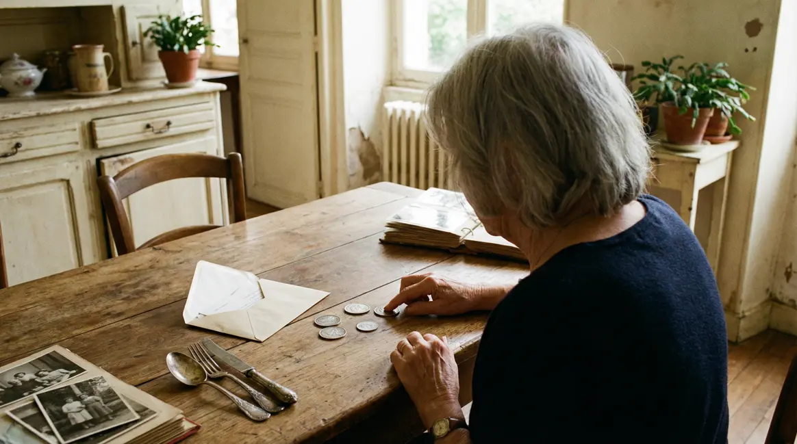 femme senior devant pieces argent couverts anciens
