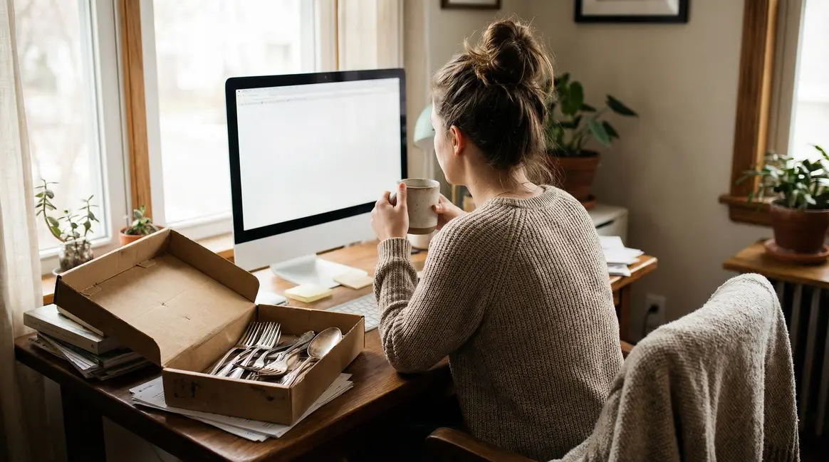 Femme vendant de l'argenterie devant ordinateur