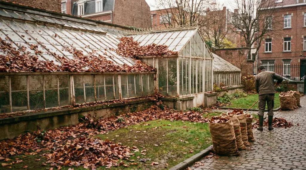 Feuilles mortes sur pelouse avec sacs déchets verts devant jardin en hiver