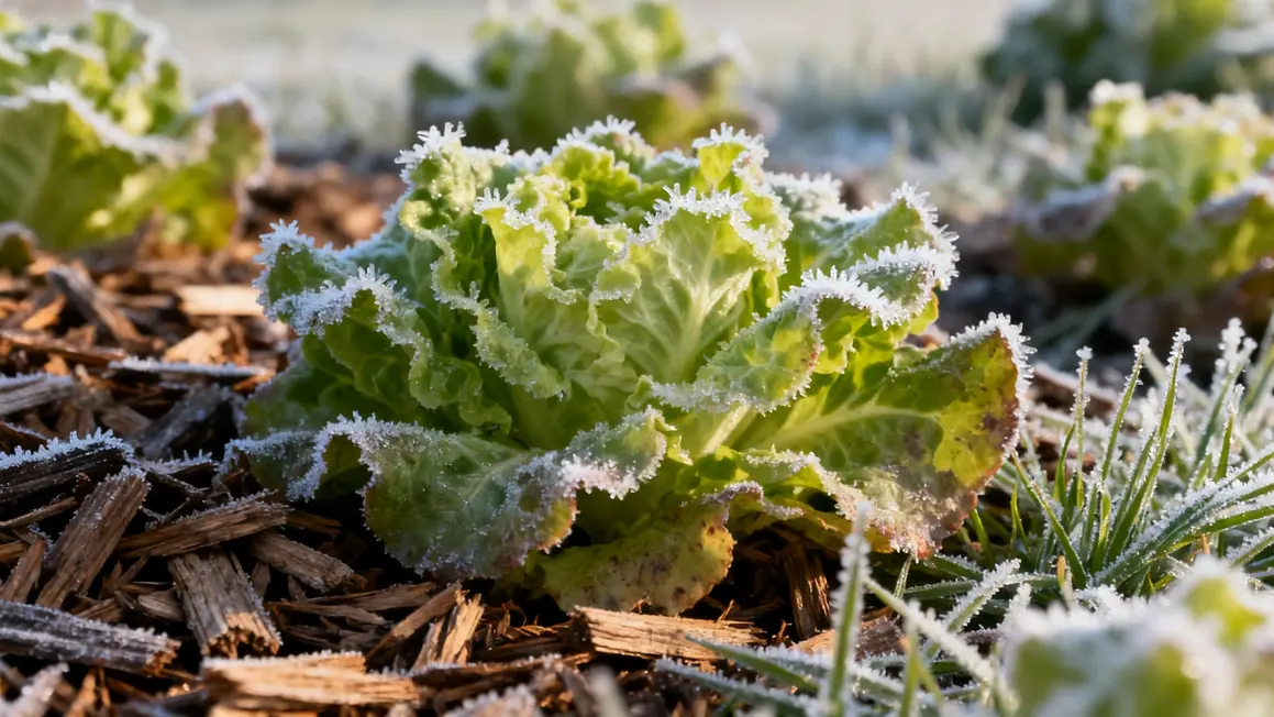 Feuilles de salade gelées avec voile et pinces à linge contre le givre