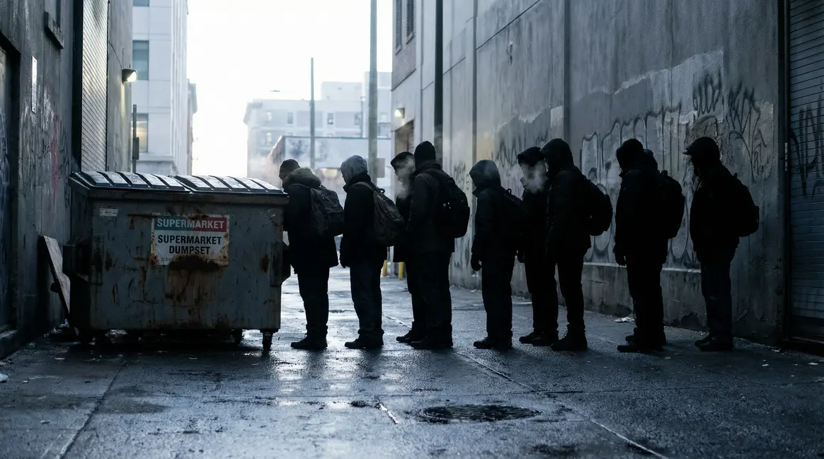 Personnes devant benne supermarché à l'aube survie