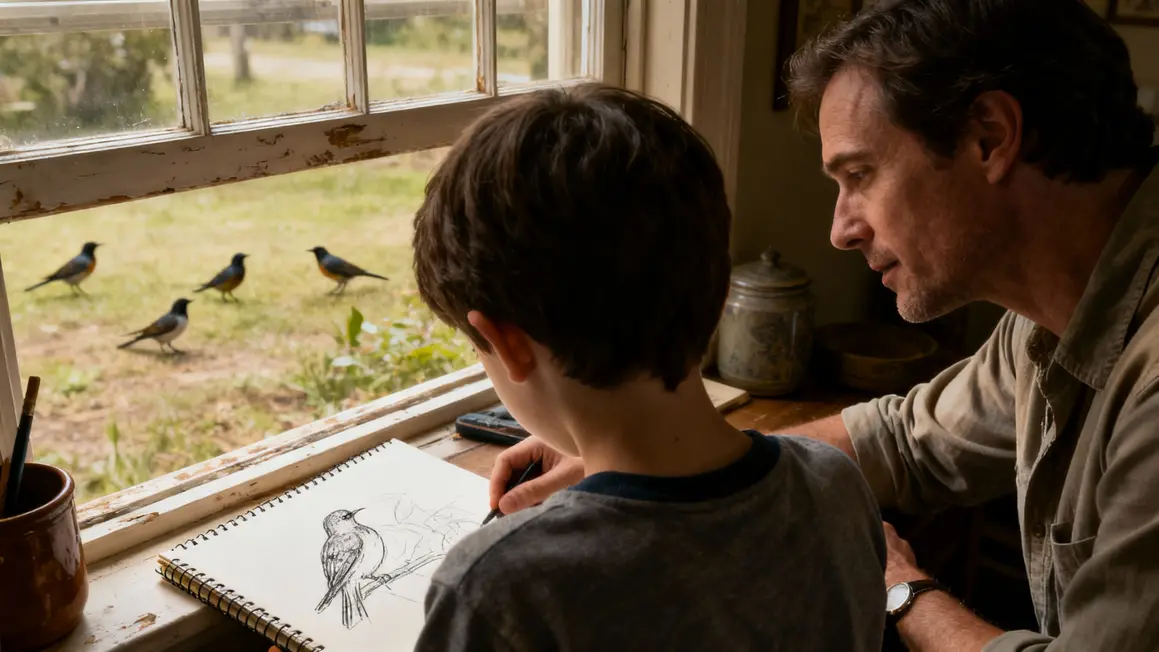 Enfant réservé dessine près d'une fenêtre, adulte encourage