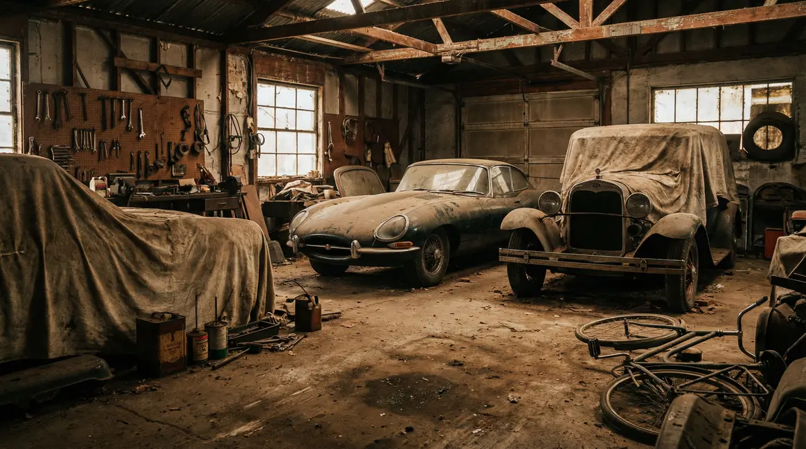 Garage ancien avec voitures classiques sous draps, ambiance nostalgique