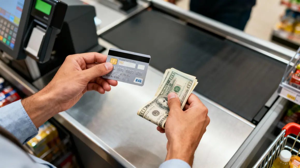 Main tient carte bleue, autre main tient billets