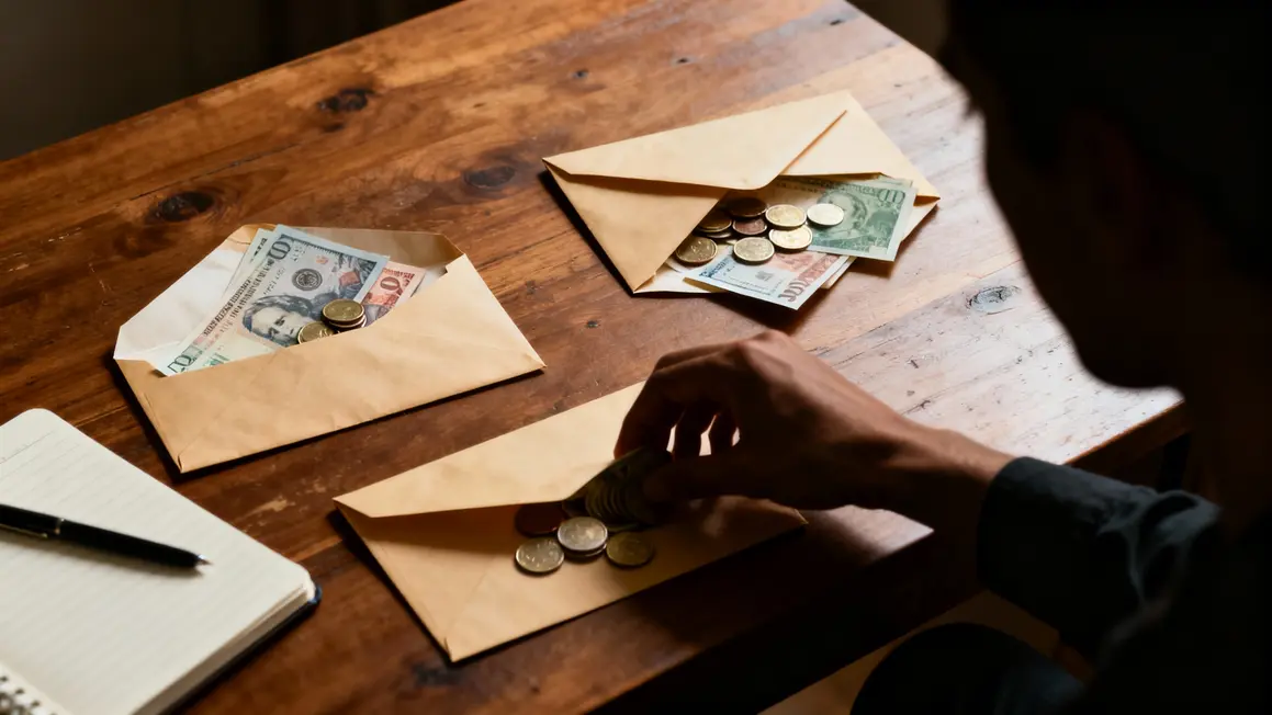 Enveloppes argent liquide sur table, main les classe