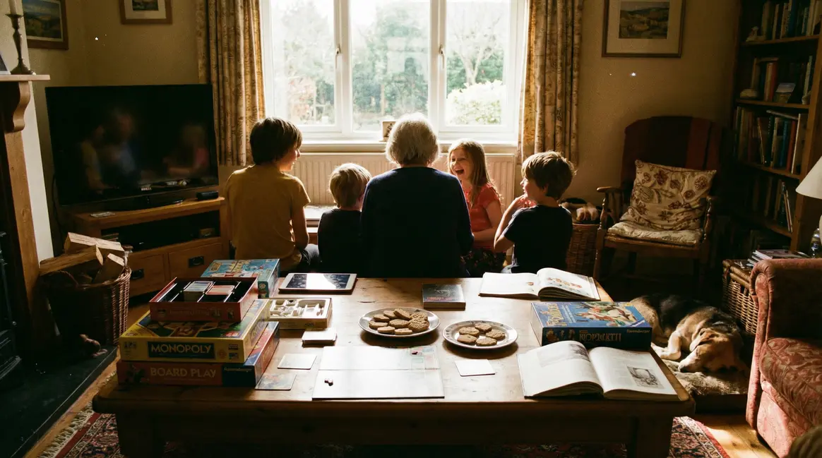 Grands parents et enfants partagent table avec ecrans et jeux de societe