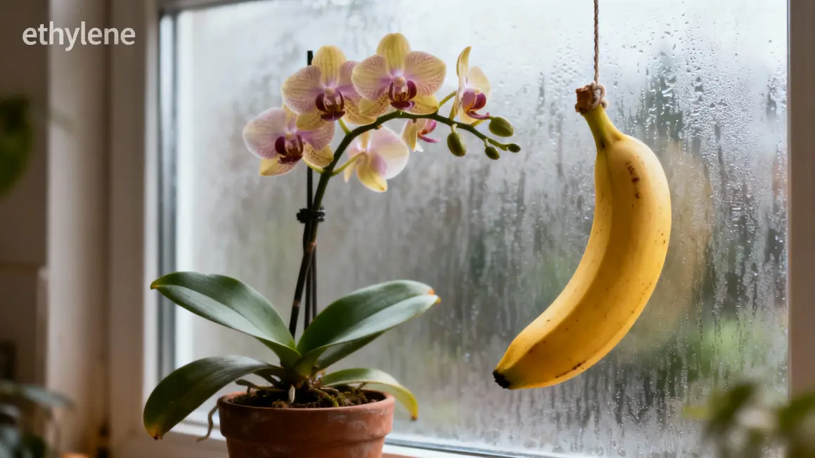 Orchidee avec banane mûre suspendue, mot ethylene visible