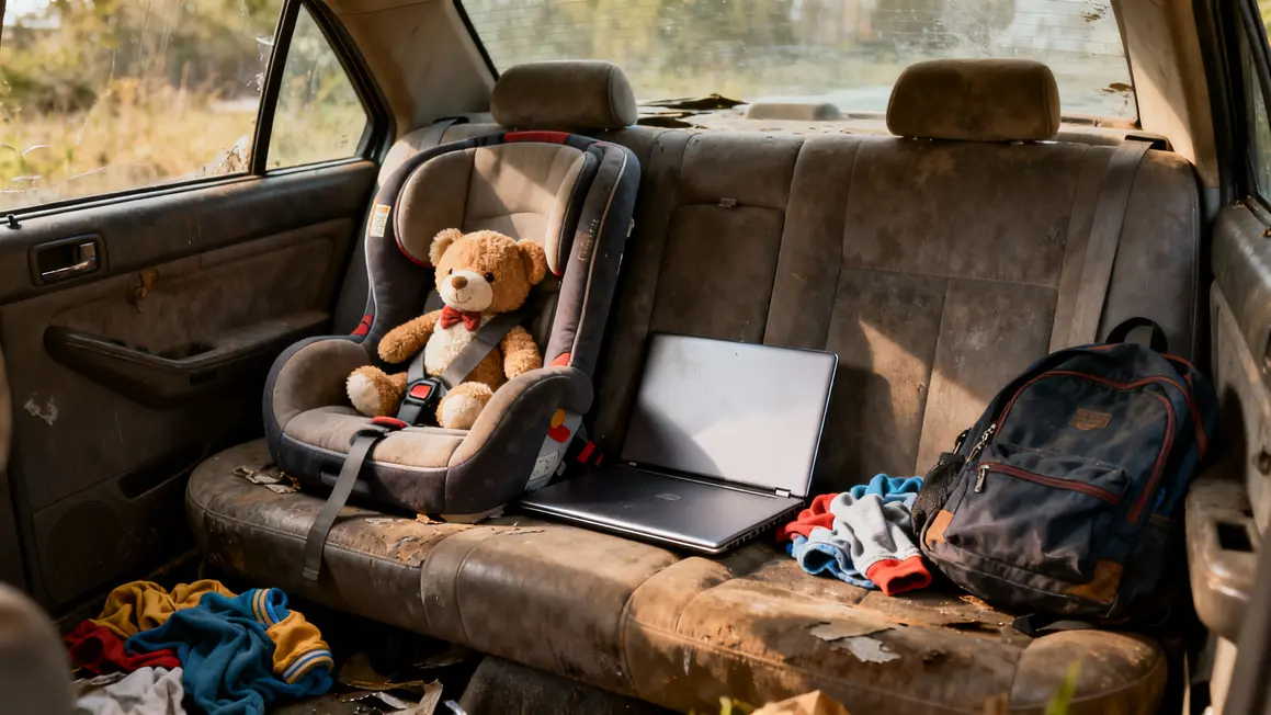 habitacle voiture peluche ordinateur vêtements abandonnés