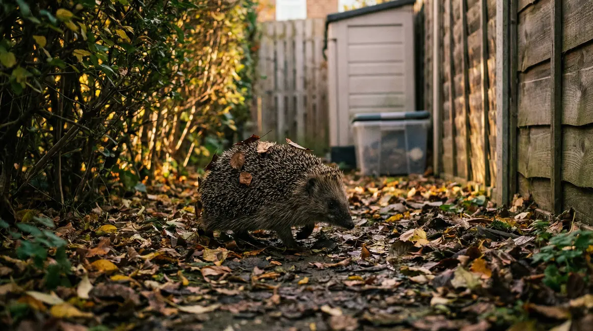 hérisson d'Europe dans jardin automnal avec bac de rangement