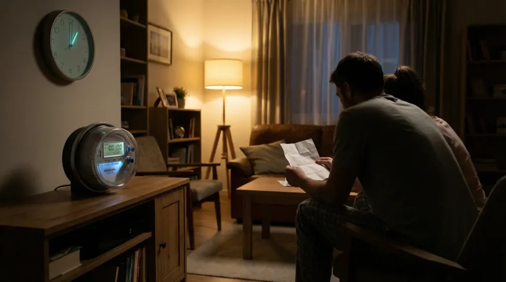 deux personnes regardent facture d'energie la nuit devant compteur moderne