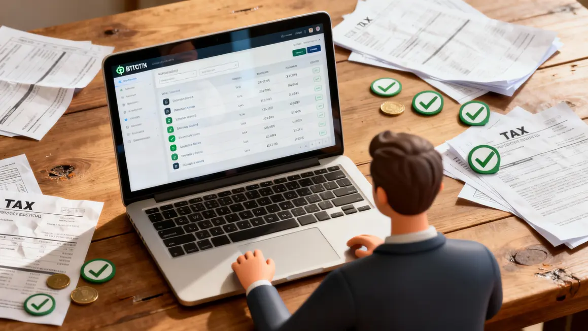 Ordinateur affichant historique crypto et documents fiscaux