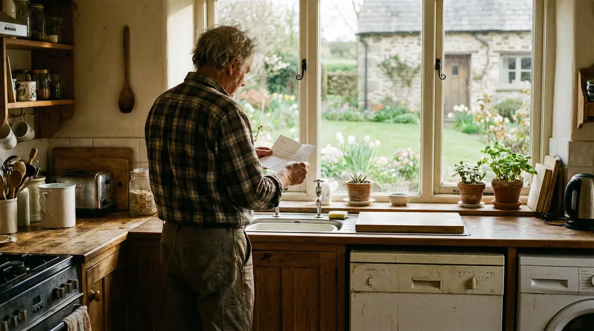 Homme regarde une lettre dans sa cuisine face a la pelouse