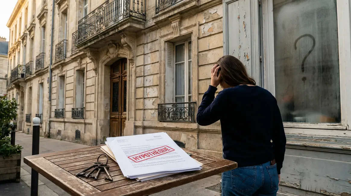 hypotheque donation immobiliere scene jeune femme devant immeuble