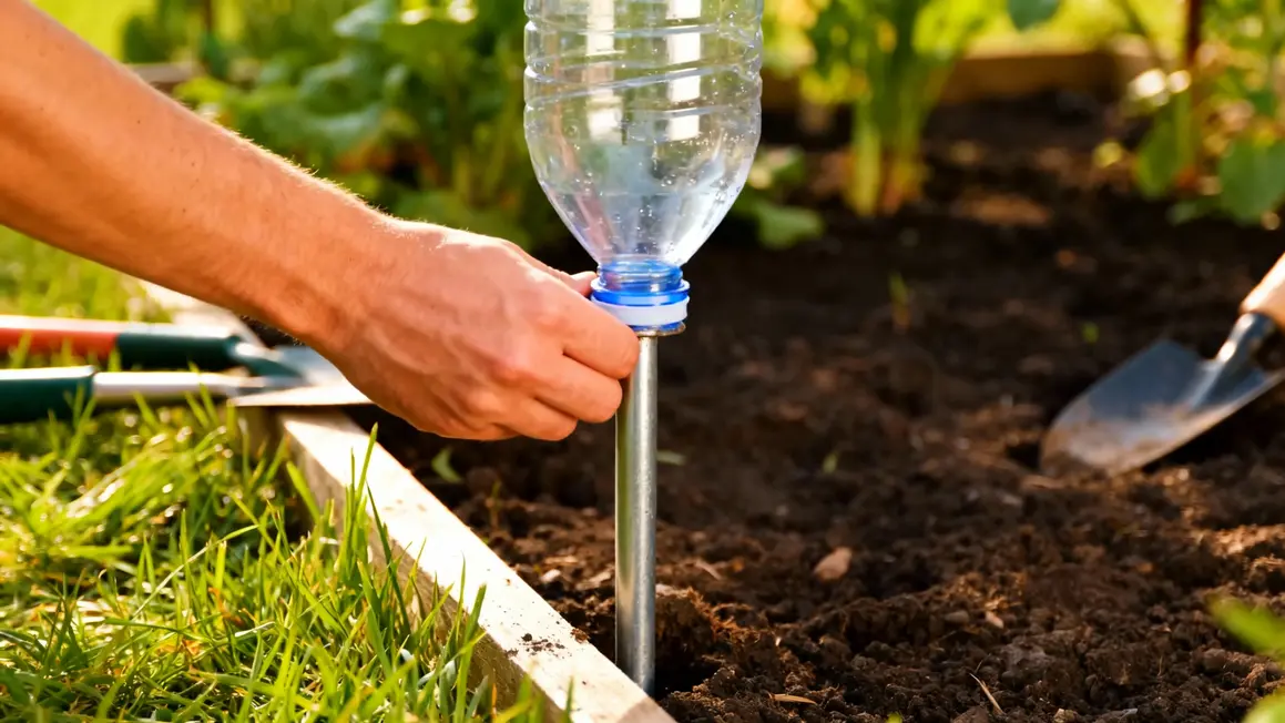 Main installe bouteille plastique tuteur potager anti rats