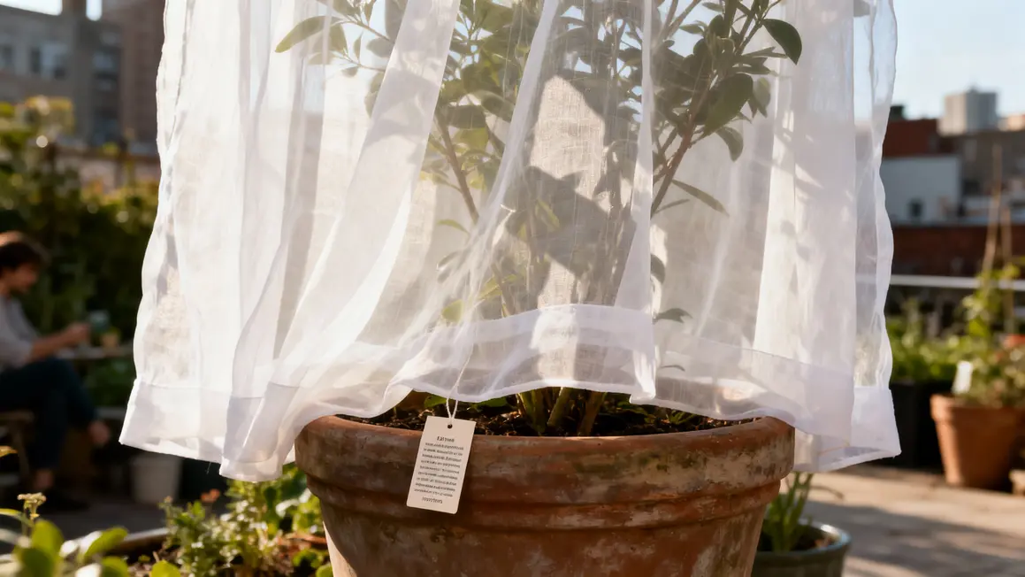 mains installent voile hivernage sur plante balcon
