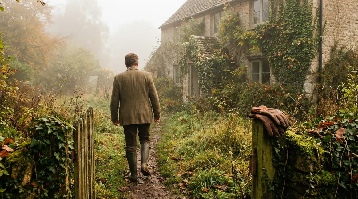 jardin d'automne envahi herbes folles brouillard
