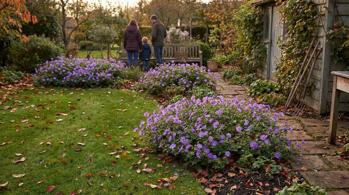 jardin calme en automne avec geranium rozanne