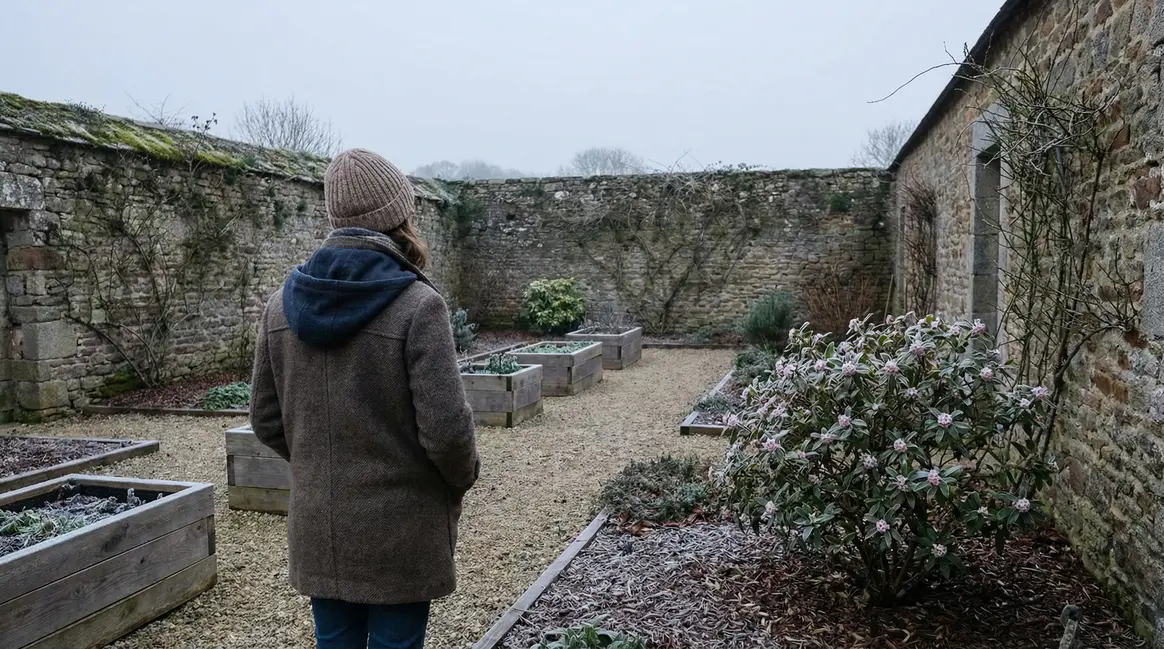 cour bretonne en hiver avec arbuste fleuri sarcococca