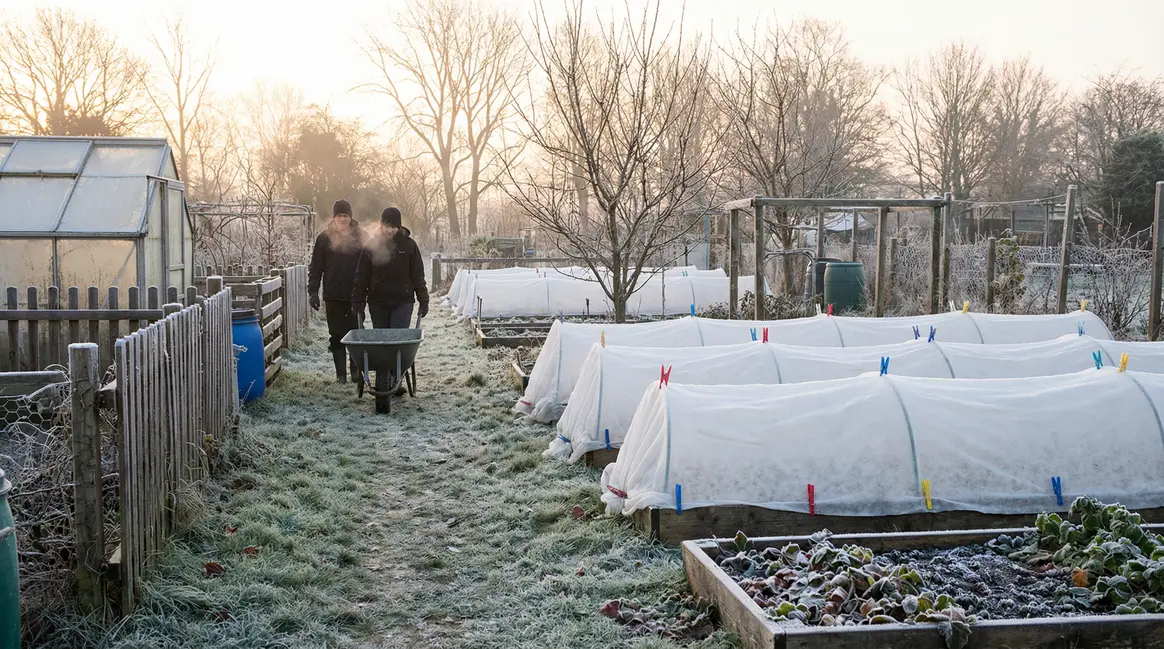 Jardin d'hiver protégé du gel avec pinces à linge sur voiles
