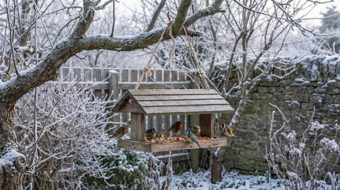 mangeoire bois cacahuetes oiseaux jardin hiver