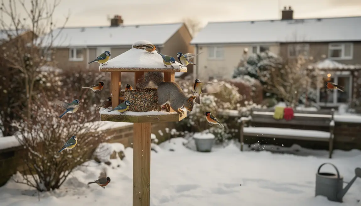 ecureuil gris repousse oiseaux mangeoire neige