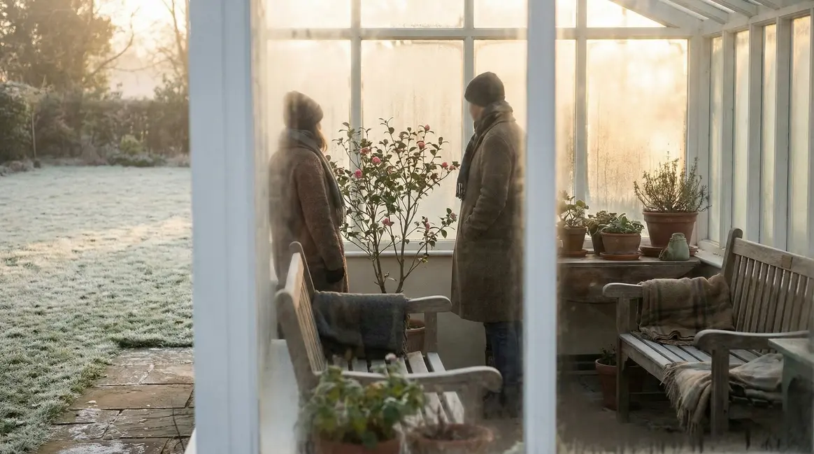Jardin enneigé avec Sarcococca confusa en hiver