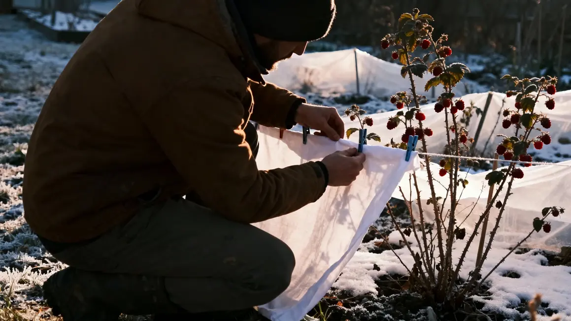 Jardinier fixant voile sur framboisiers avec pinces à linge