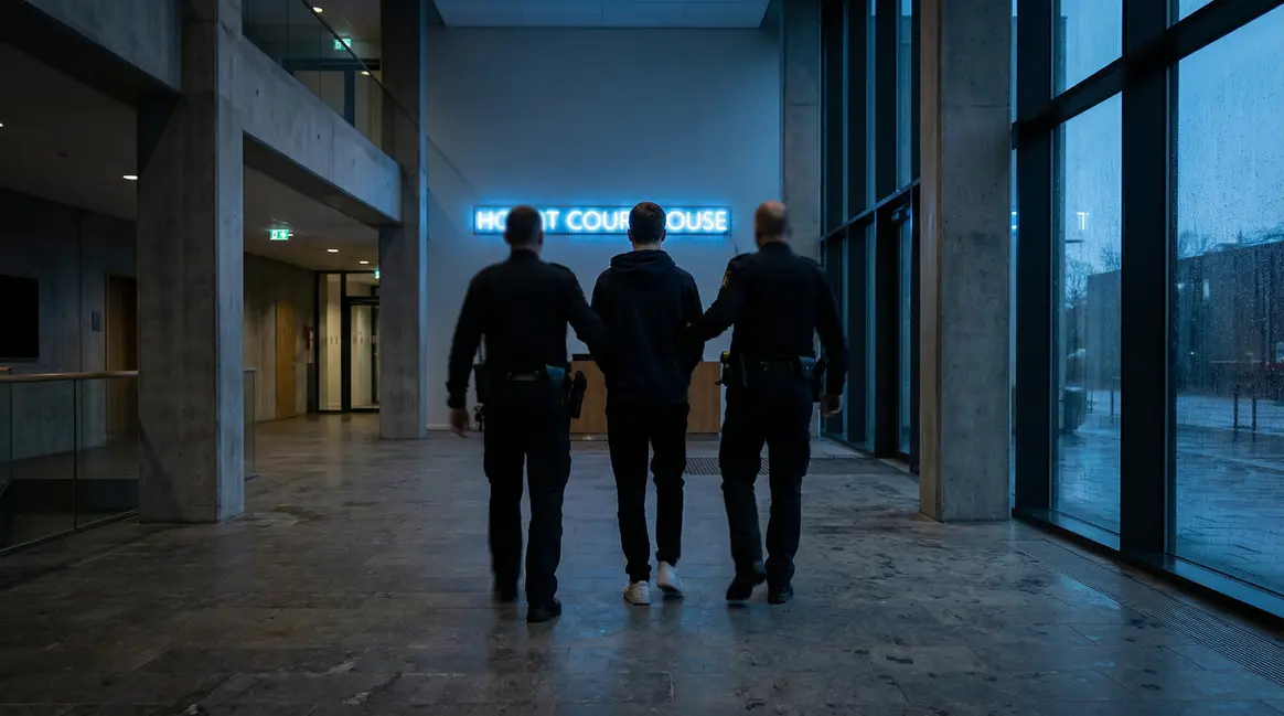 jeune homme devant le tribunal sous néons faussaire numérique