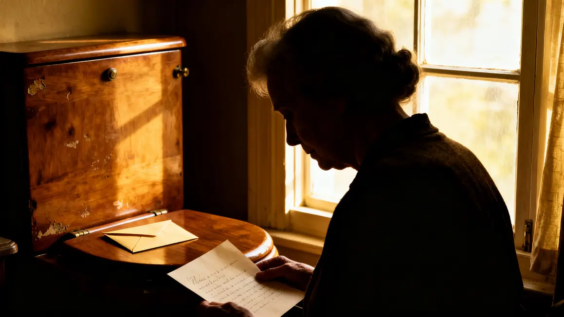 Femme âgée lisant lettre près commode