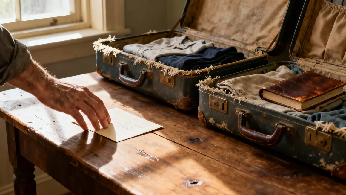 Main âgée glissant une lettre, valises ouvertes