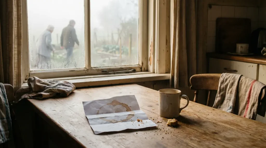 lettre froissée tache café cuisine vue brume jardin d’hiver