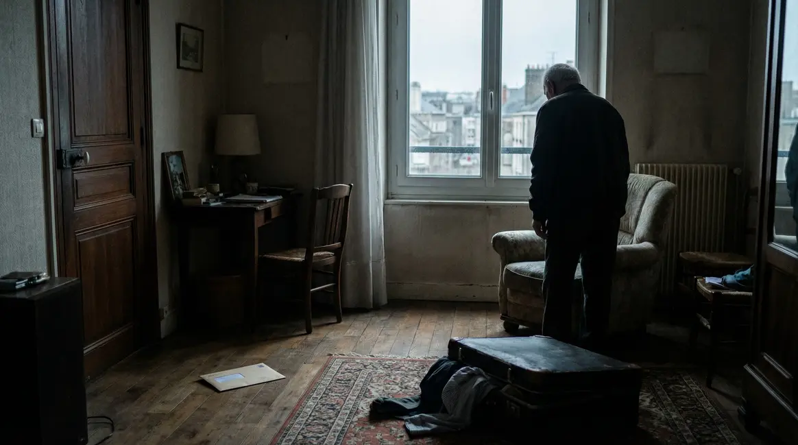 Lettre officielle sur sol valise sombre appartement Nantes