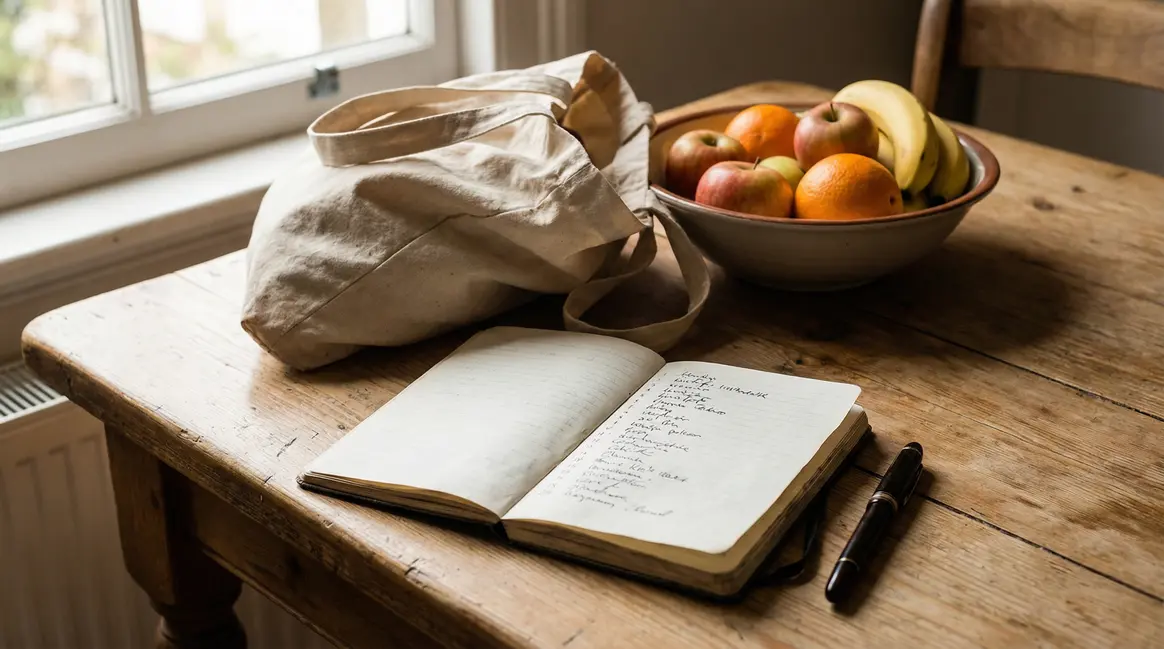 carnet ecrit liste de courses stylo sac fruits quotidien