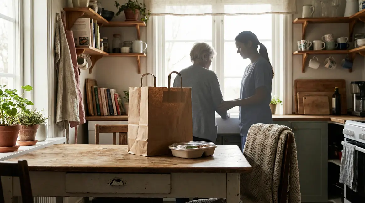 Livraison repas à domicile pour seniors, aidante et intérieur chaleureux