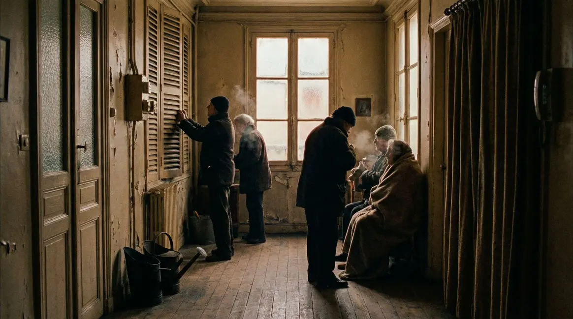 Silhouettes ajustant des volets pour lutter contre le froid dans un immeuble ancien en hiver