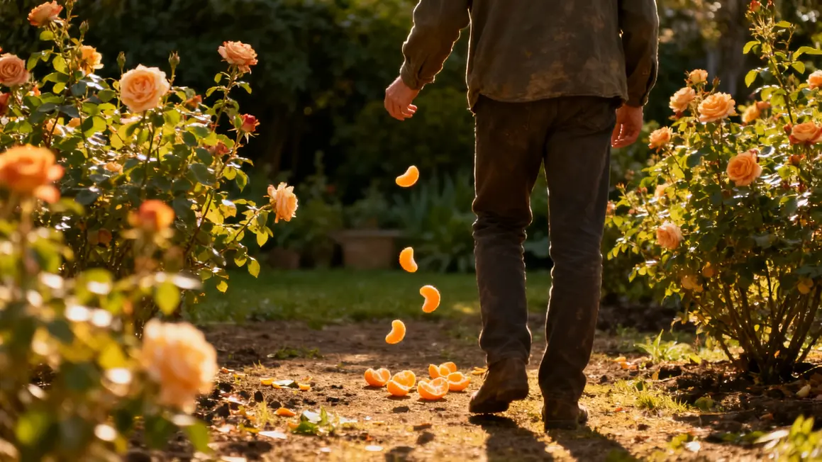 Main jetant pepins de mandarine autour de rosiers