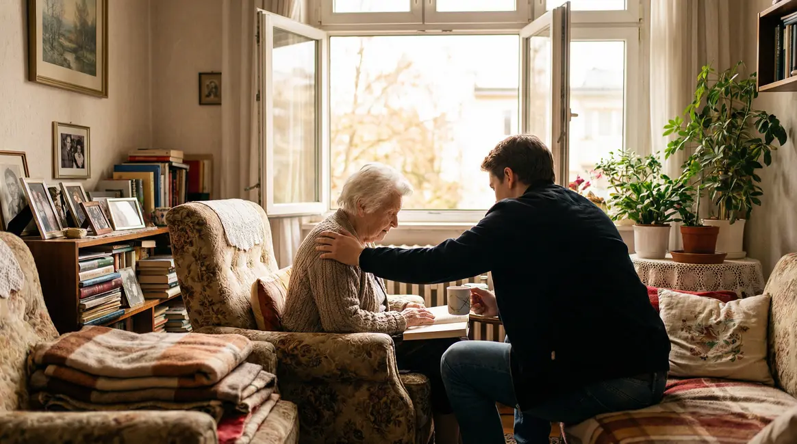 Personne âgée dans salon lumineux, aide à domicile, sud-ouest