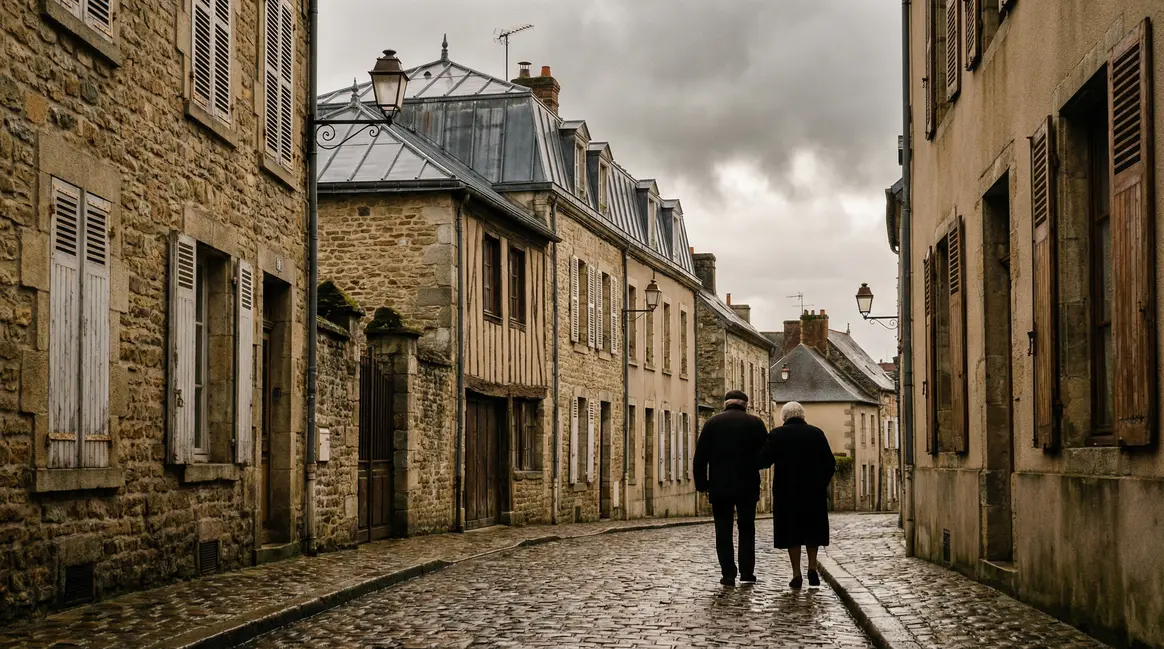 Maison française sous ciel nuageux avec seniors, ambiance réforme 2026