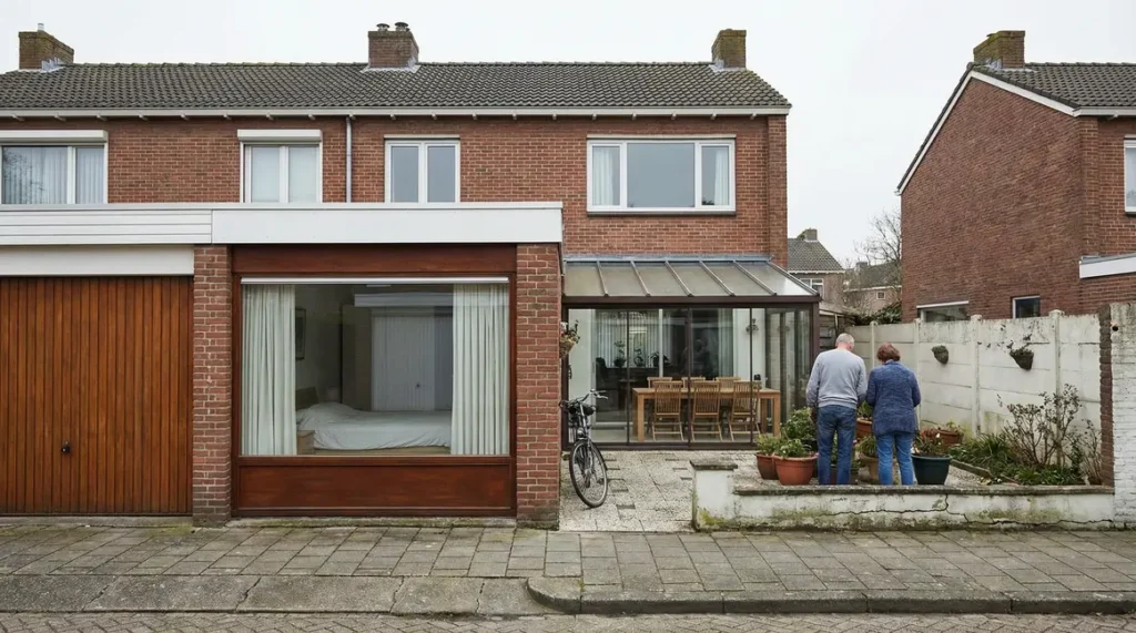 Vue d'une maison avec garage converti et véranda aménagée