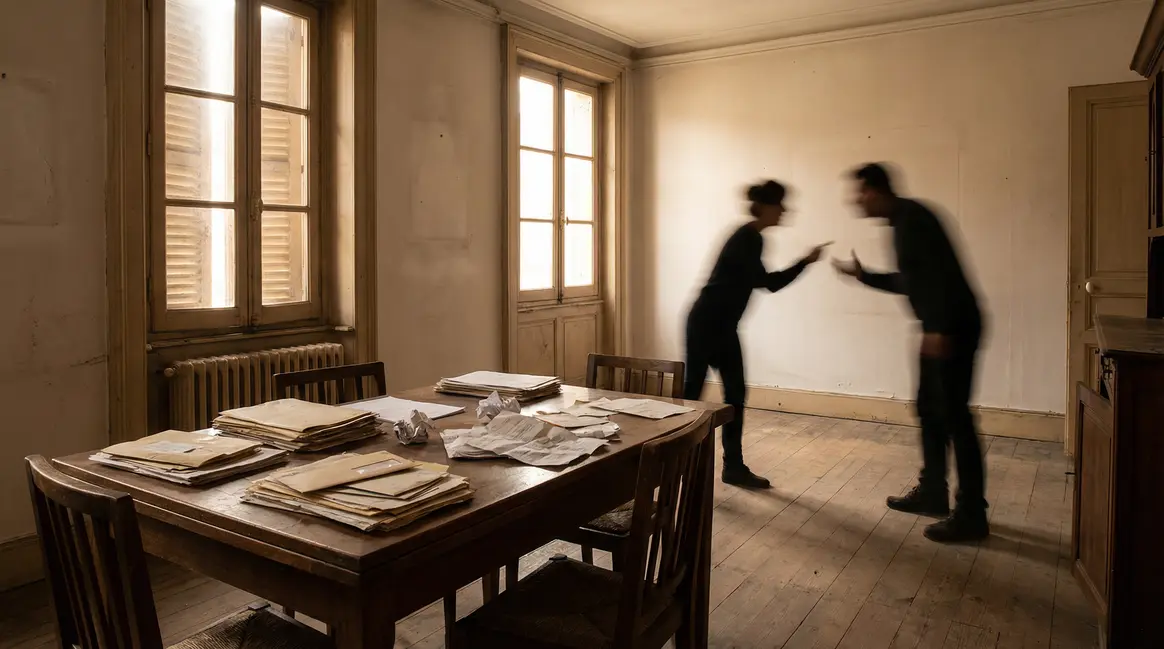 Maison vide succession, documents, famille débat autour de la table