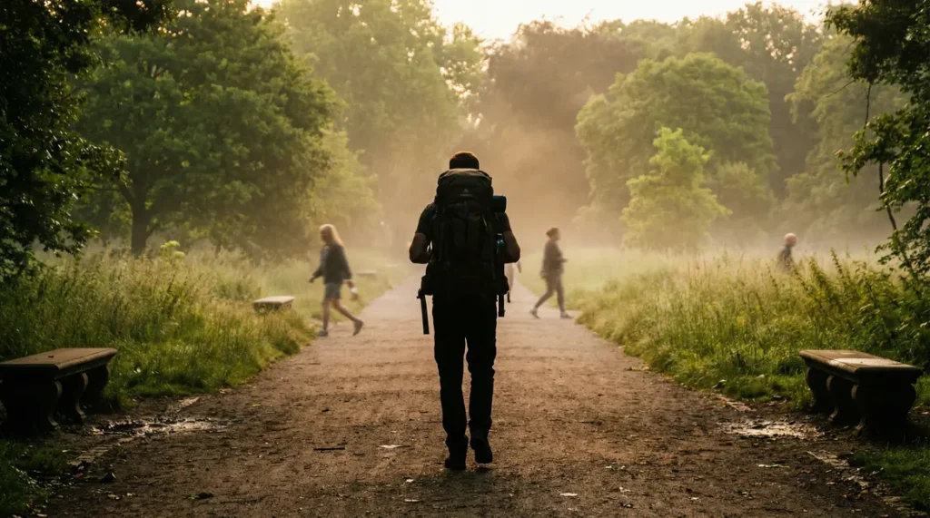 homme marche lestee sac a dos charge matin parc
