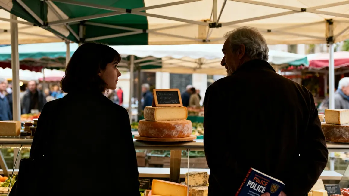 Couple intergénérationnel marché ambiance complice fromage