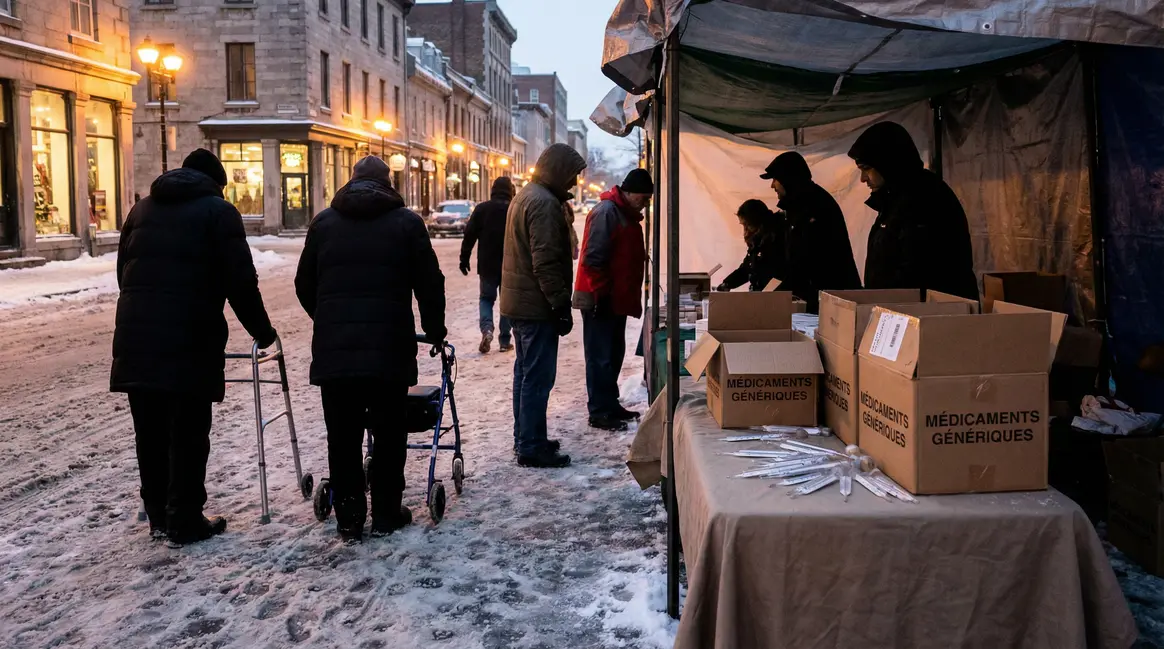 Seniors et soignants sous la neige avec medicaments risques froid
