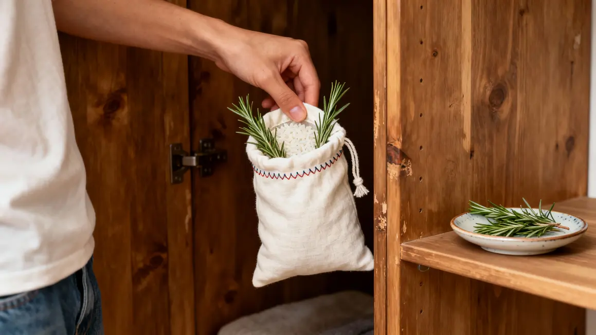 Déposer sachet romarin riz bicarbonate pour armoire