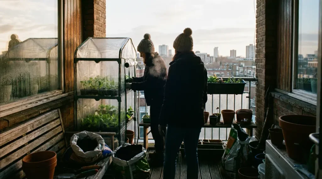 Mini serre transparente Parkside Lidl sur balcon urbain en hiver