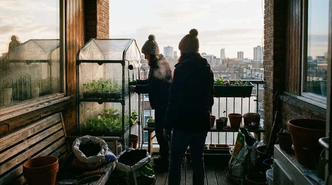 Mini serre transparente Parkside Lidl sur balcon urbain en hiver